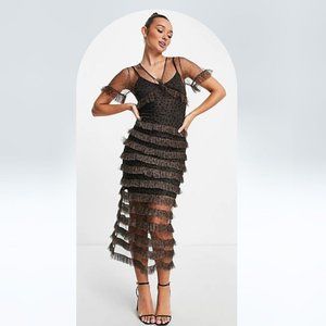 Never Fully Dressed tiered ruffle midaxi dress in leopard